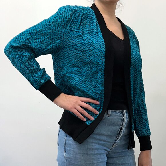 Funky blue and black houndstooth silk “sweater” 💙 - Picture 1 of 7